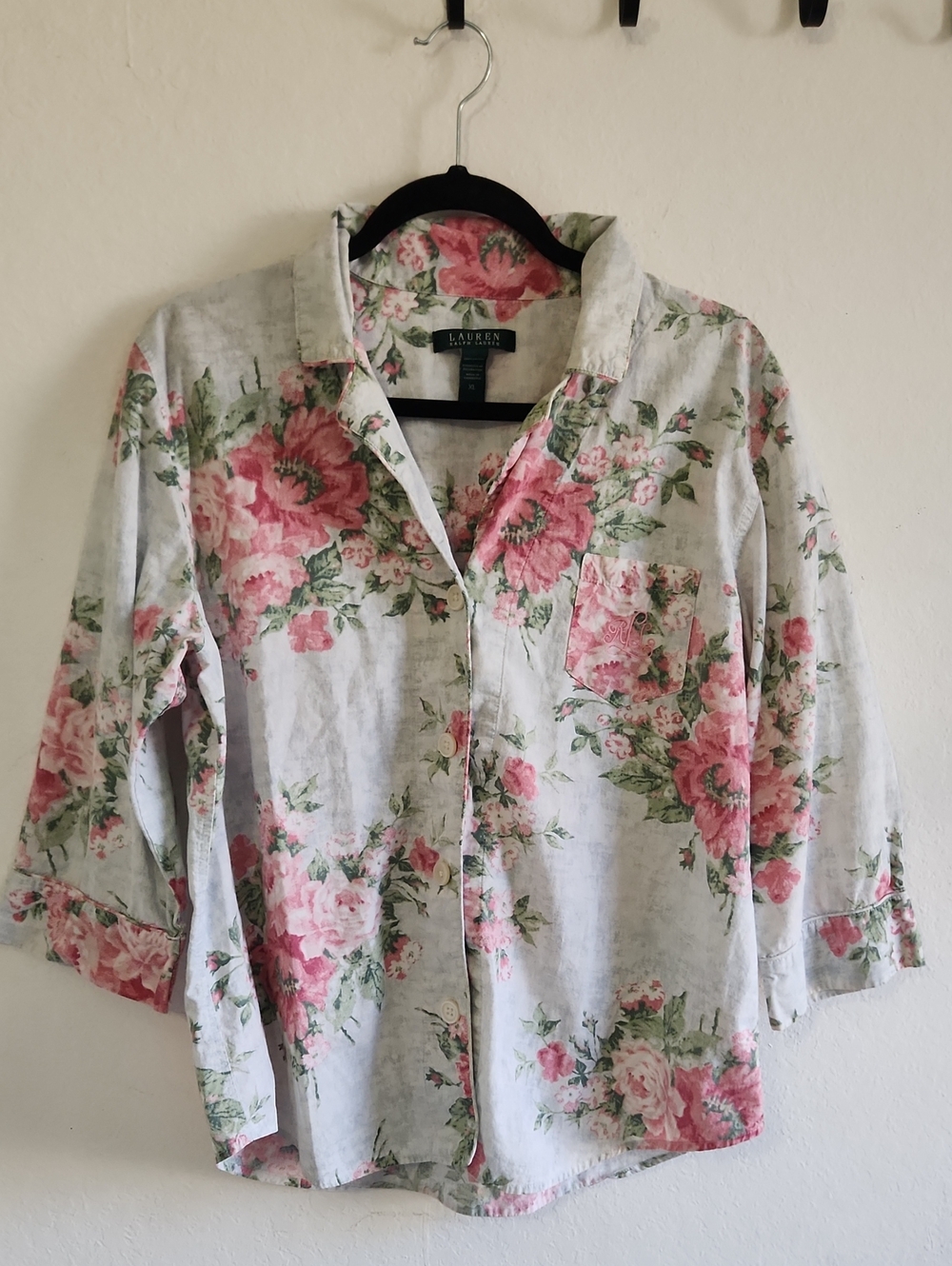 Coquette Lauren Ralph Lauren Pink Floral Button Up Pajama Top 100% Cotton XL